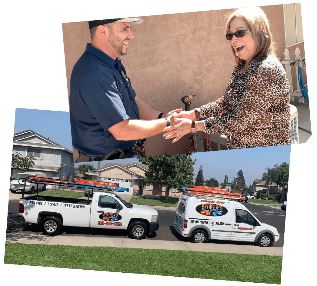 Homeowner thanking a Souza Heating & Air Conditioning technician after a full air conditioning replacement service.