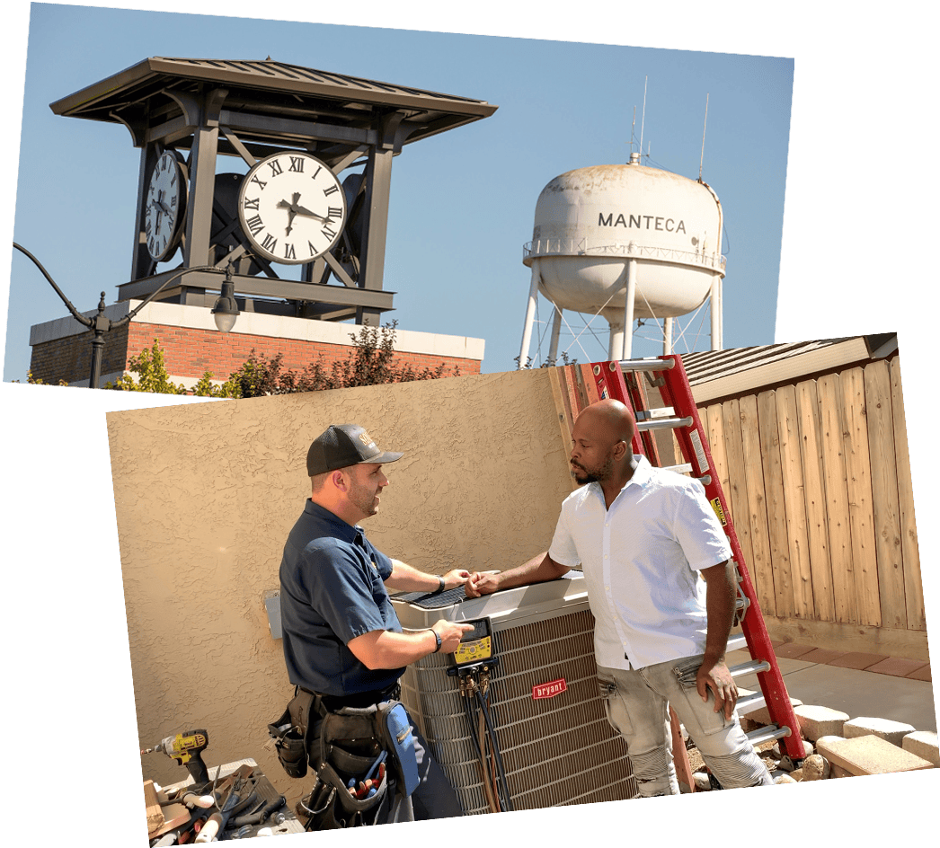 Souza's HVAC technician speaking to homeowner in Ripon, California.