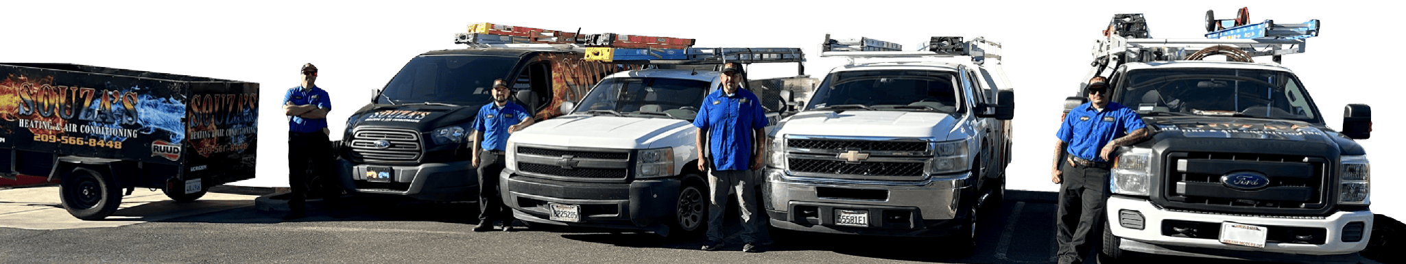 Souza's Heating and Air HVAC technicians next to their service vehicles.